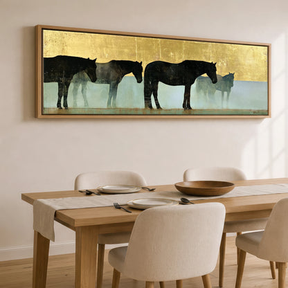 Gilded Equine Shadows Horse Landscape panoramic canvas wall art displayed above a dining table