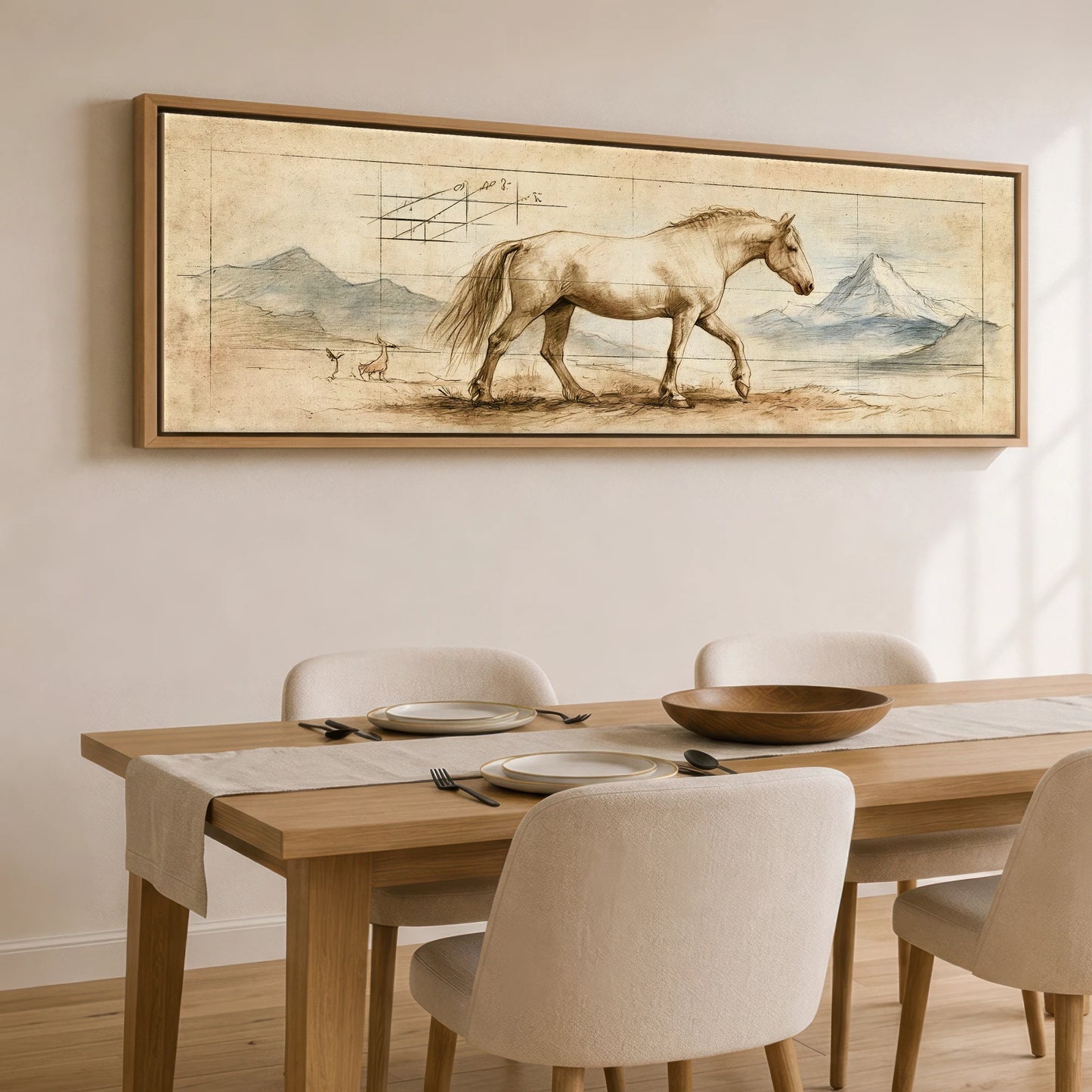 Classical Equine Study Horse Landscape panoramic canvas wall art displayed above a dining table
