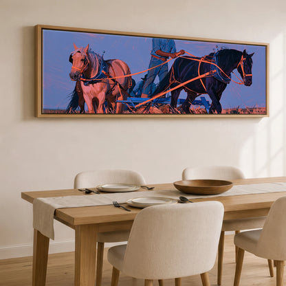 Twilight Draught Team Working Horse panoramic canvas wall art displayed above a dining table