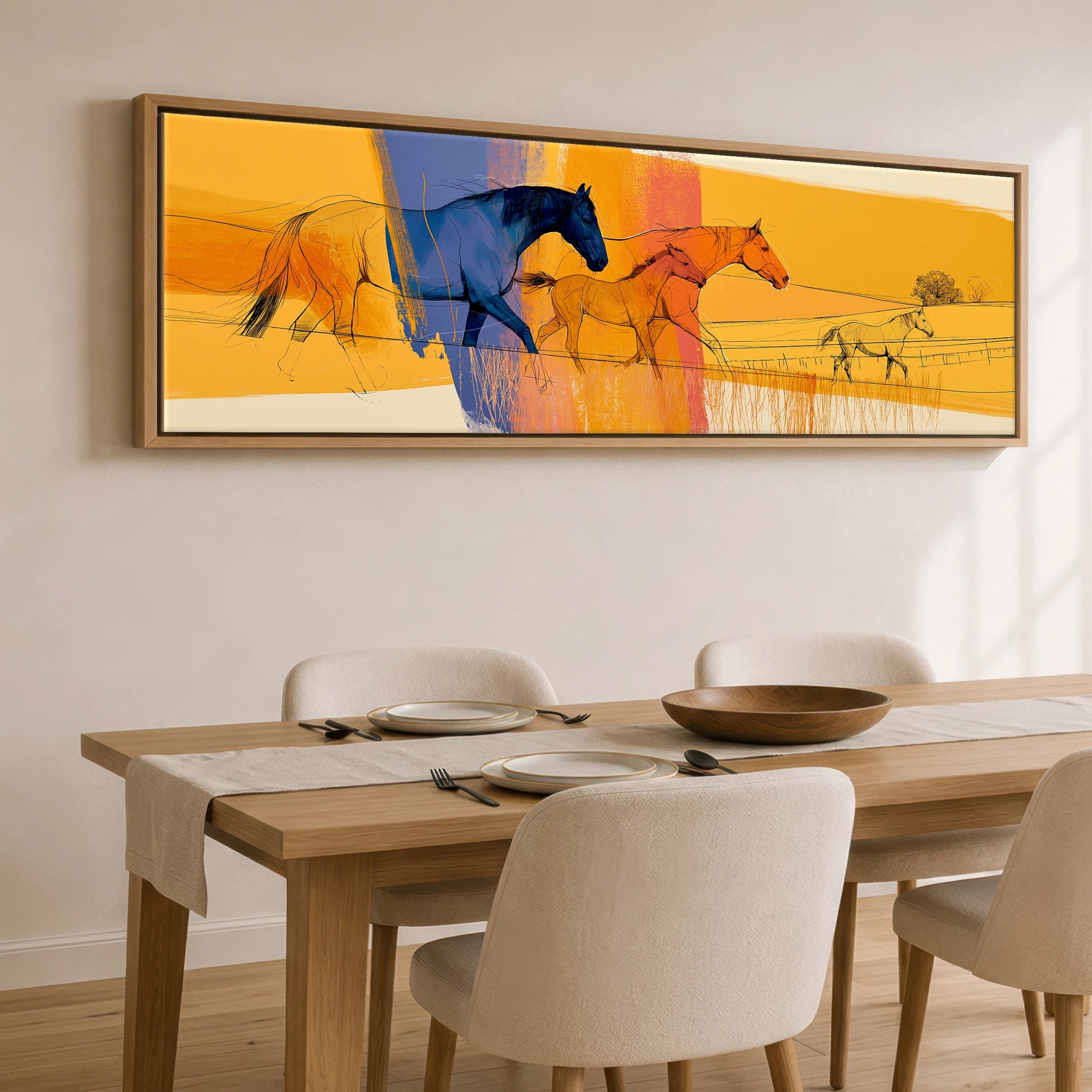 Prismatic Plains Horse Landscape panoramic canvas wall art displayed above a dining table