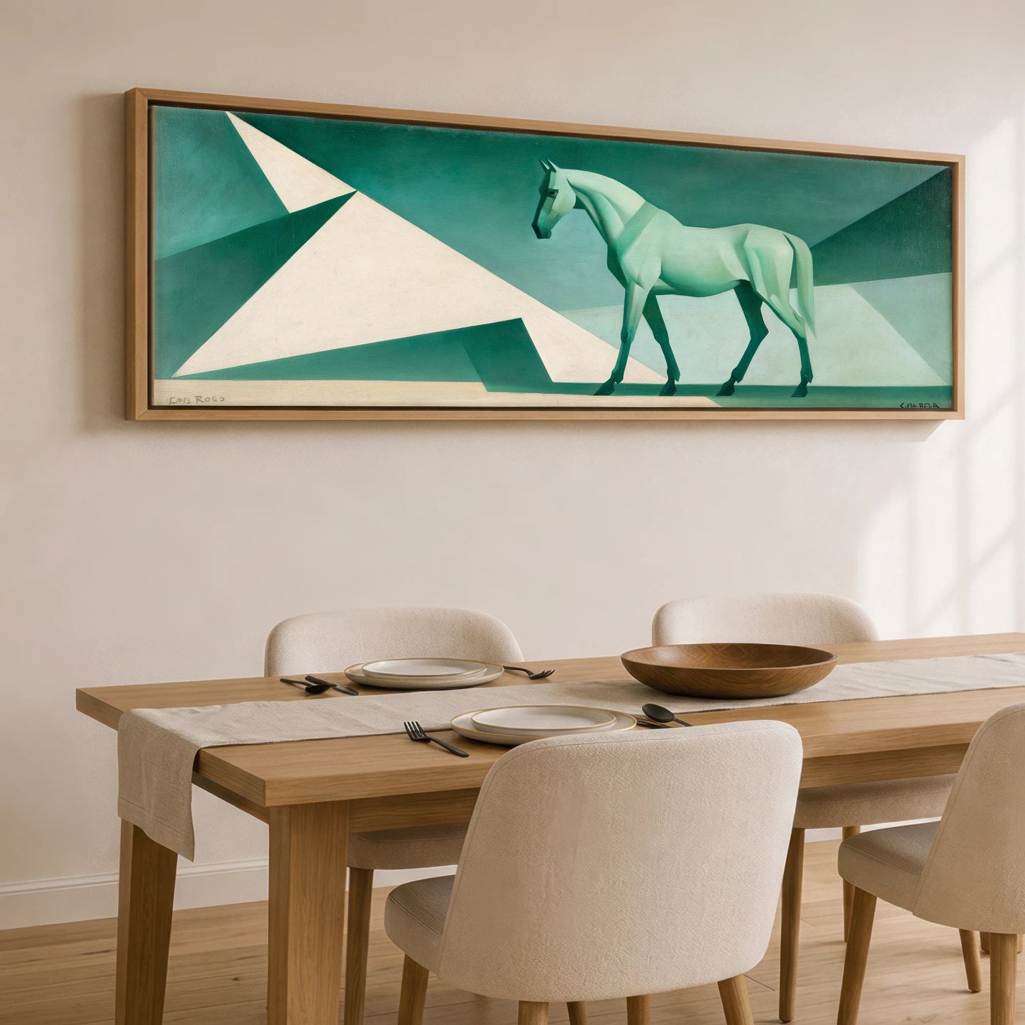 Geometric Green Striding Horse Horse Landscape panoramic canvas wall art displayed above a dining table