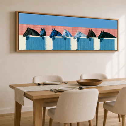 Yard Watch Horse Stable panoramic canvas wall art displayed above a dining table