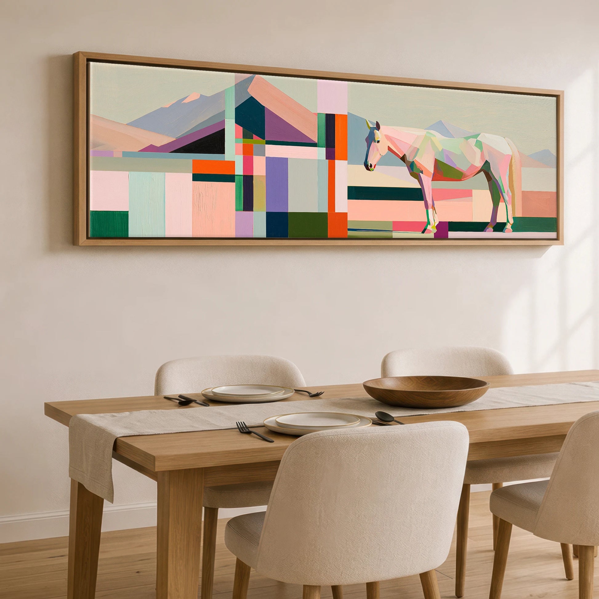 Faceted Equine Horizon Horse Landscape panoramic canvas wall art displayed above a dining table