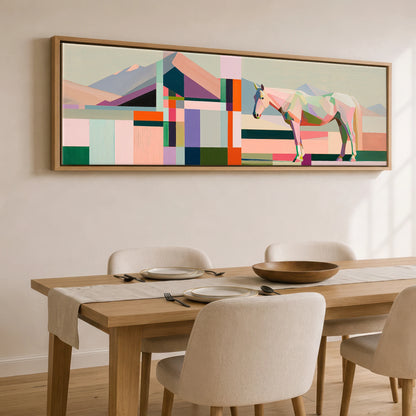 Faceted Equine Horizon Horse Landscape panoramic canvas wall art displayed above a dining table