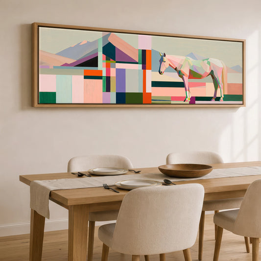 Faceted Equine Horizon Horse Landscape panoramic canvas wall art displayed above a dining table