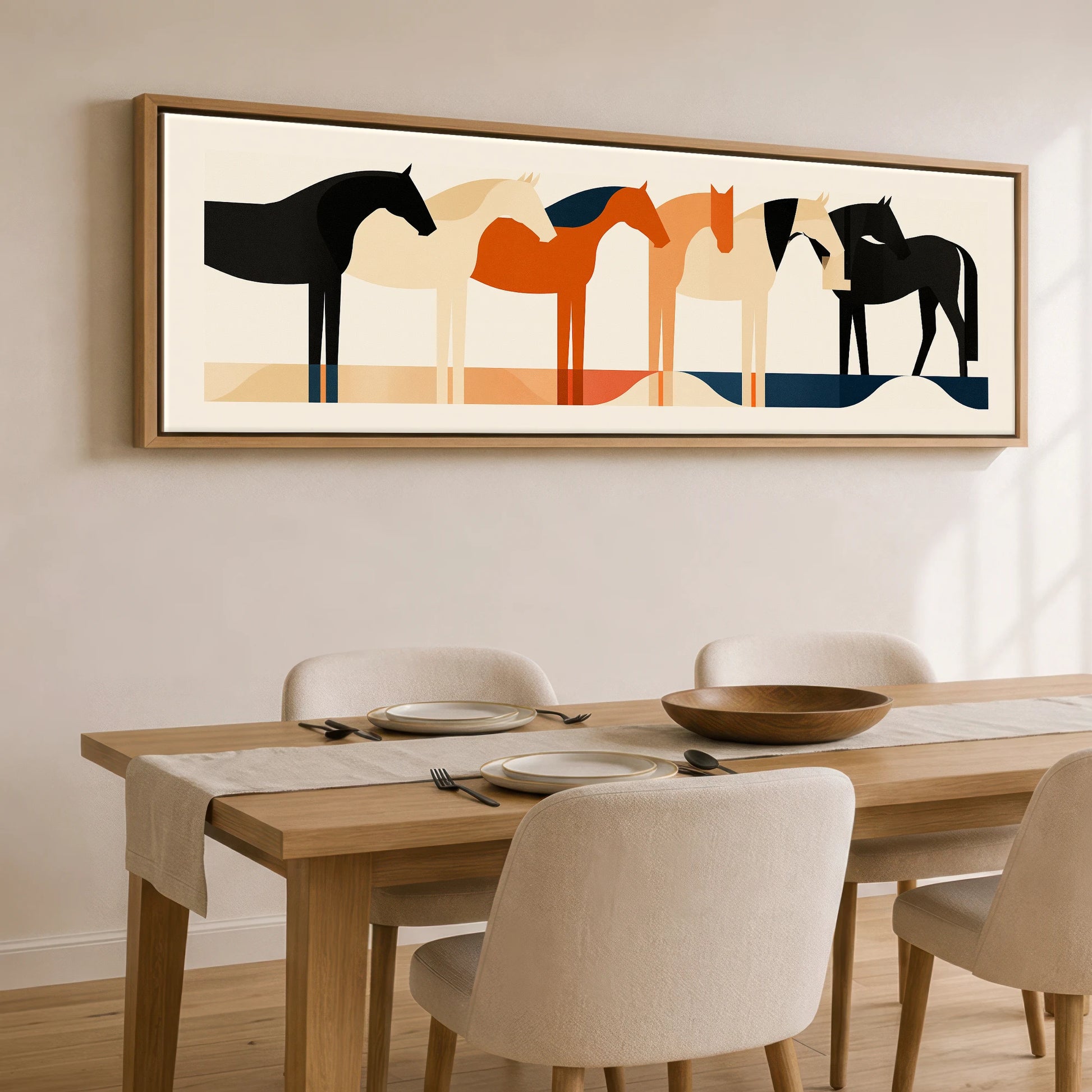 Geometric Equine Harmony Wild Horses panoramic canvas wall art displayed above a dining table