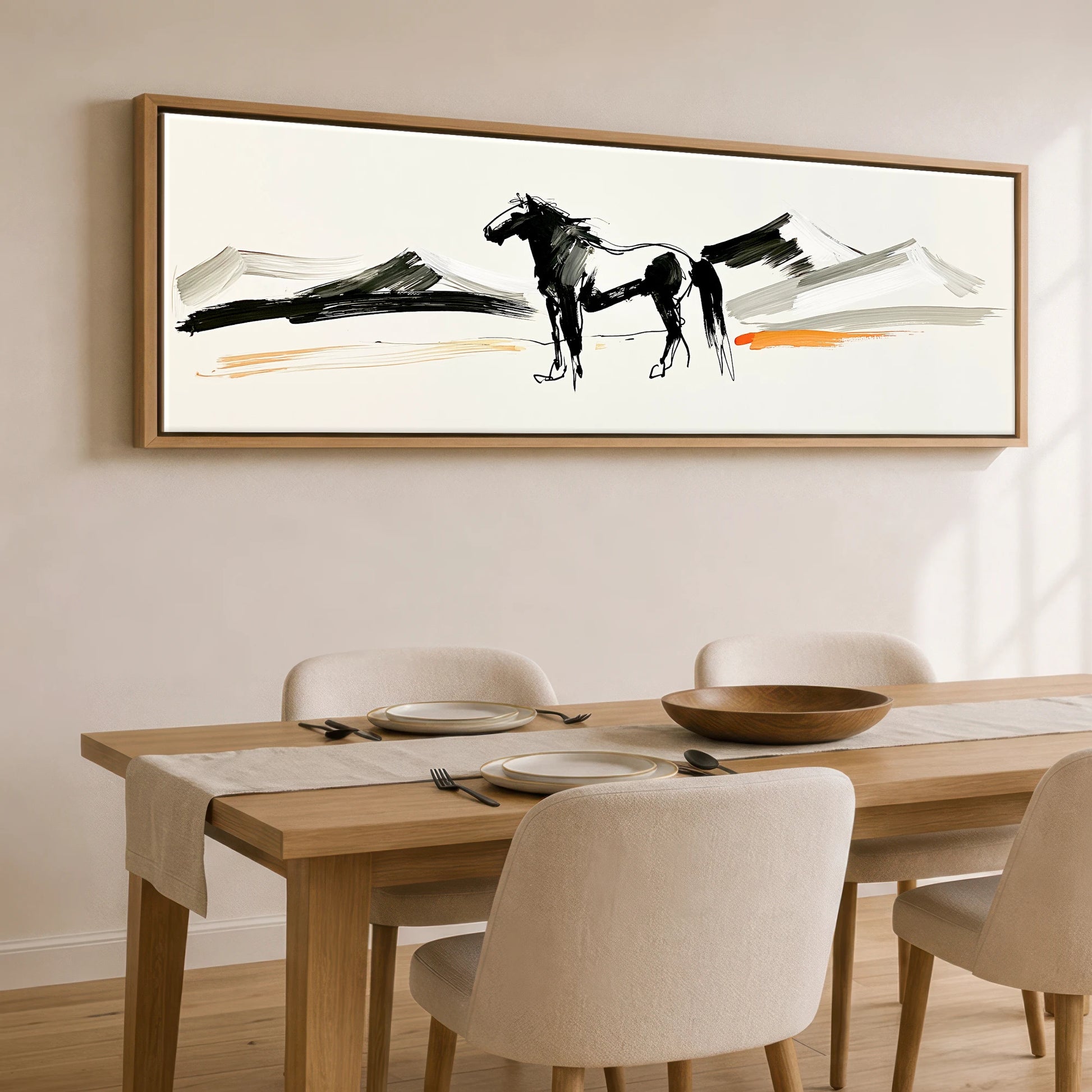 Ink and Amber Horizon Horse Landscape panoramic canvas wall art displayed above a dining table