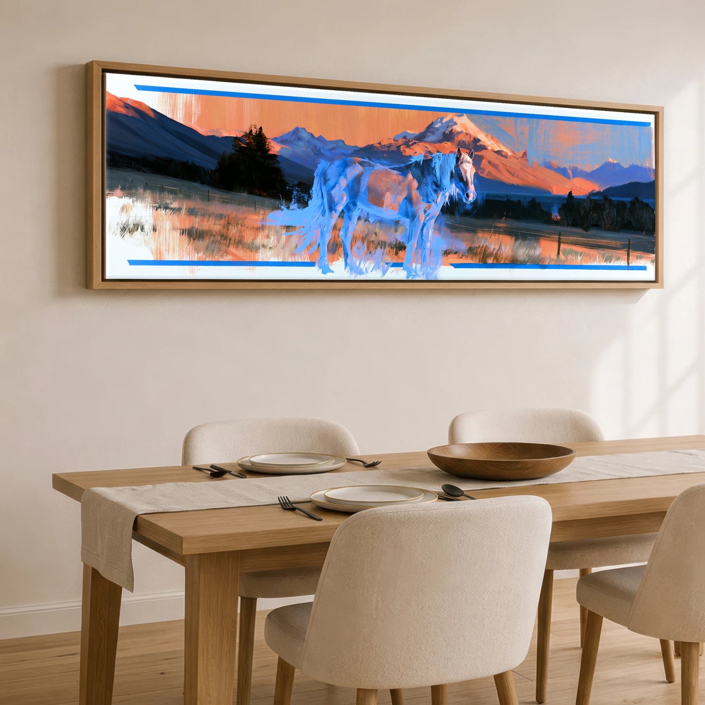 Alpine Glow and Azure Horse Landscape panoramic canvas wall art displayed above a dining table