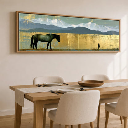 The Golden Expanse Horse Landscape panoramic canvas wall art displayed above a dining table