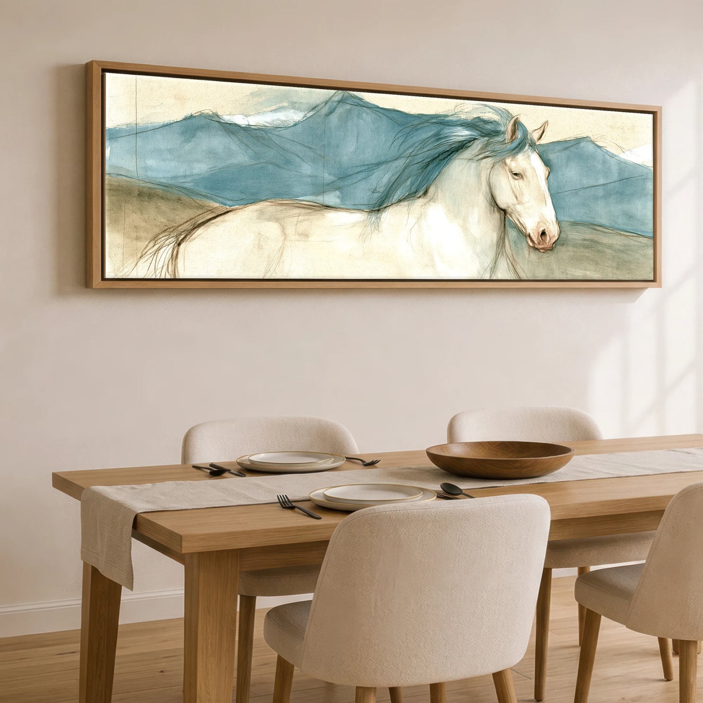 Azure Ridge Horse Landscape panoramic canvas wall art displayed above a dining table