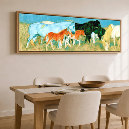 Vibrant Pasture Herd Mare & Foal panoramic canvas wall art displayed above a dining table