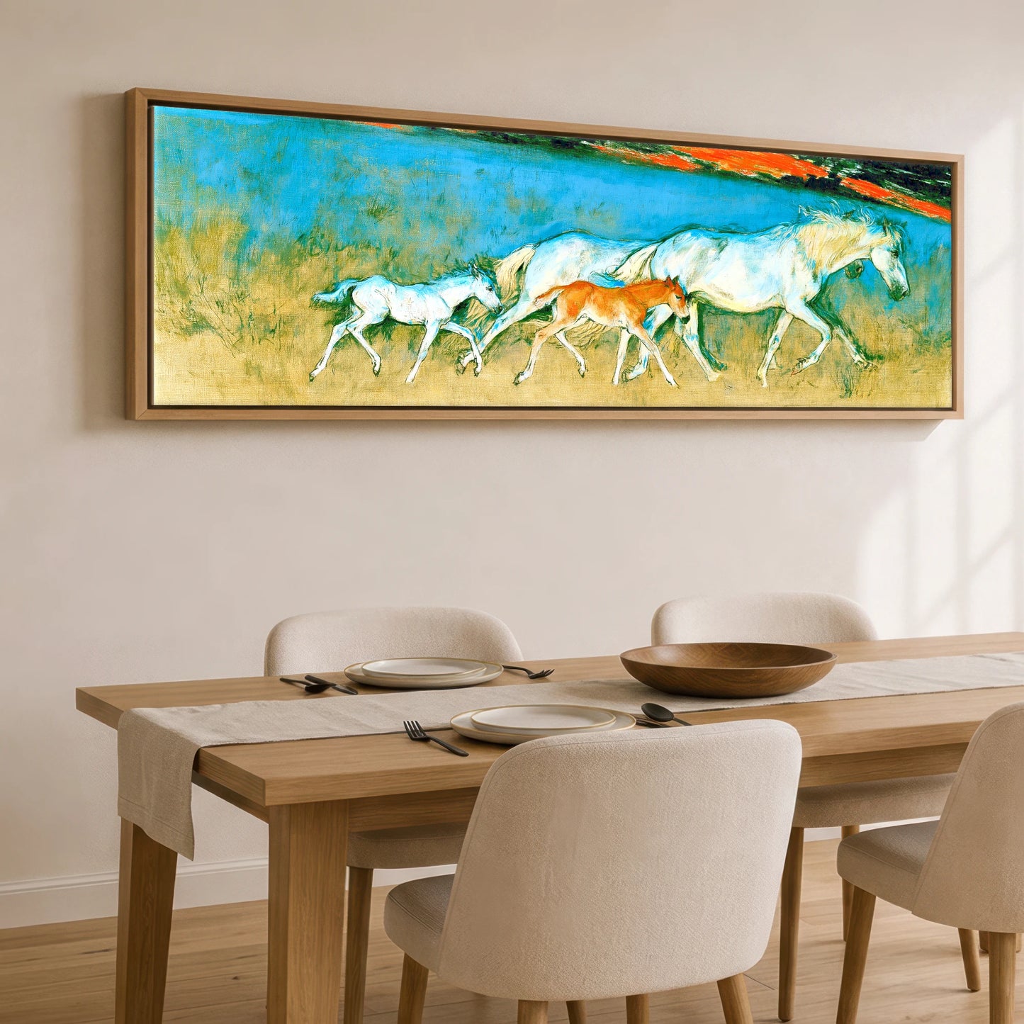 Vibrant Azure Strides Mare & Foal panoramic canvas wall art displayed above a dining table