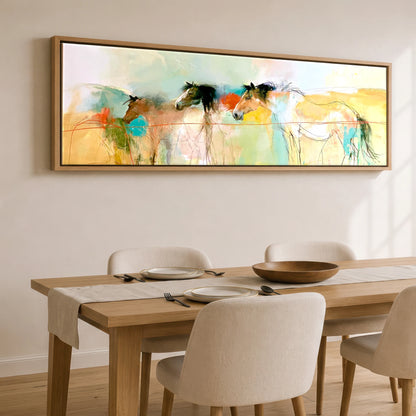 Expressive Equine Horizon Horse Landscape panoramic canvas wall art displayed above a dining table