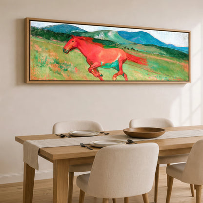 The Crimson Gallop Horse Landscape panoramic canvas wall art displayed above a dining table