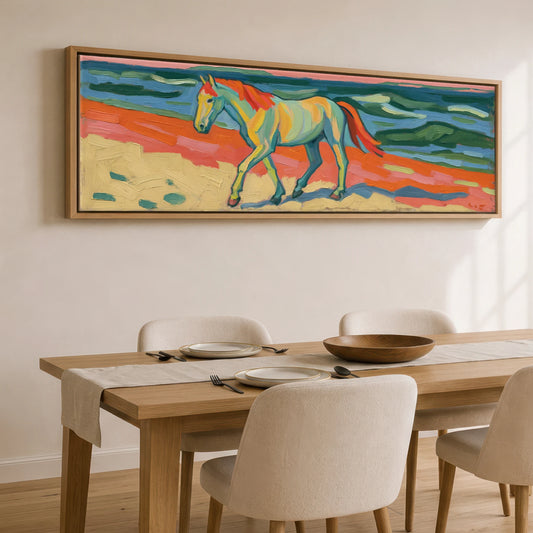 The Painted Shore Horse Landscape panoramic canvas wall art displayed above a dining table
