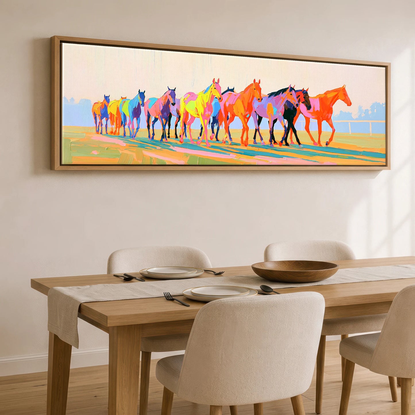 Vibrant Racing String Racing Horse panoramic canvas wall art displayed above a dining table