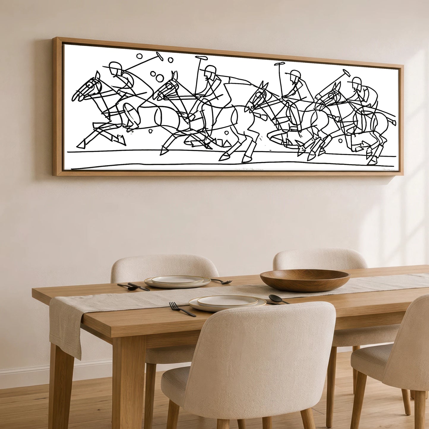 The Polo Line Polo Horse panoramic canvas wall art displayed above a dining table