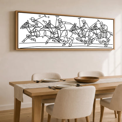 The Polo Line Polo Horse panoramic canvas wall art displayed above a dining table