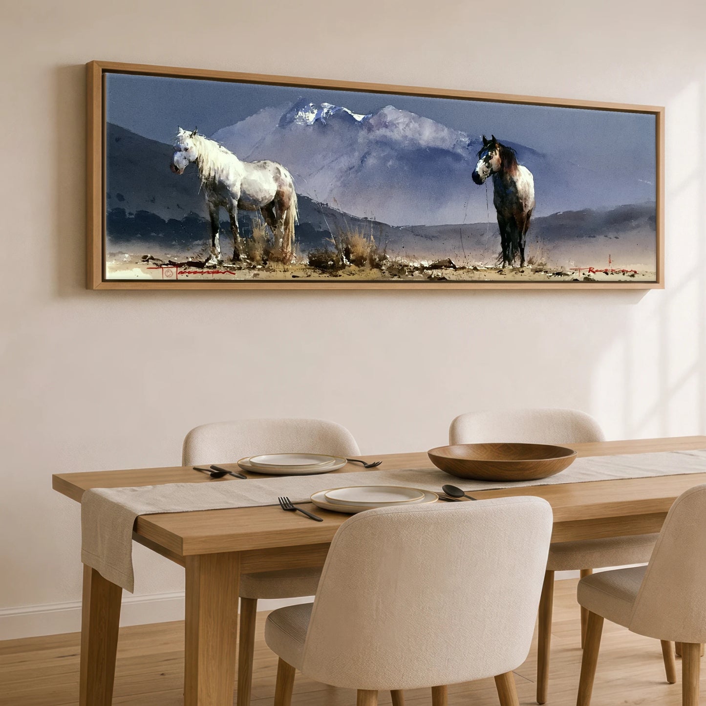 Mountain Solitude Horse Landscape panoramic canvas wall art displayed above a dining table
