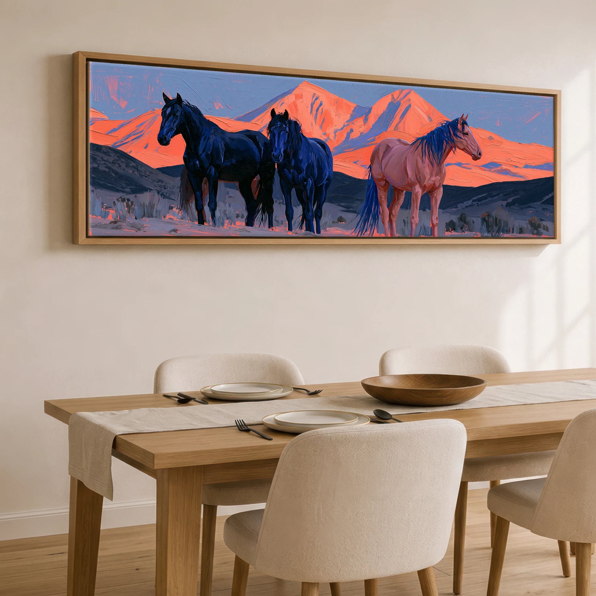 Horses of the Painted Ridge Horse Landscape panoramic canvas wall art displayed above a dining table