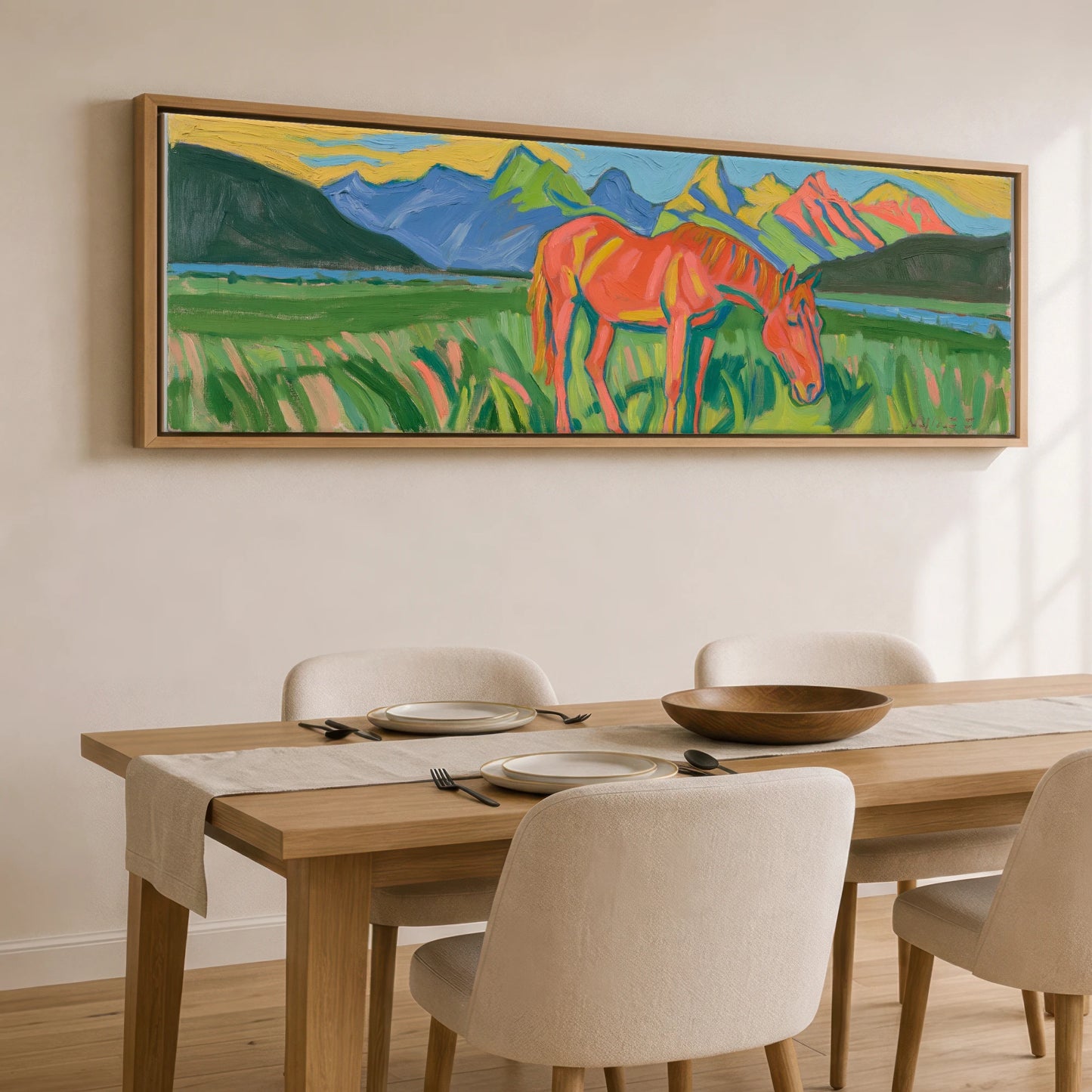 Vibrant Mountain Pasture Horse Landscape panoramic canvas wall art displayed above a dining table