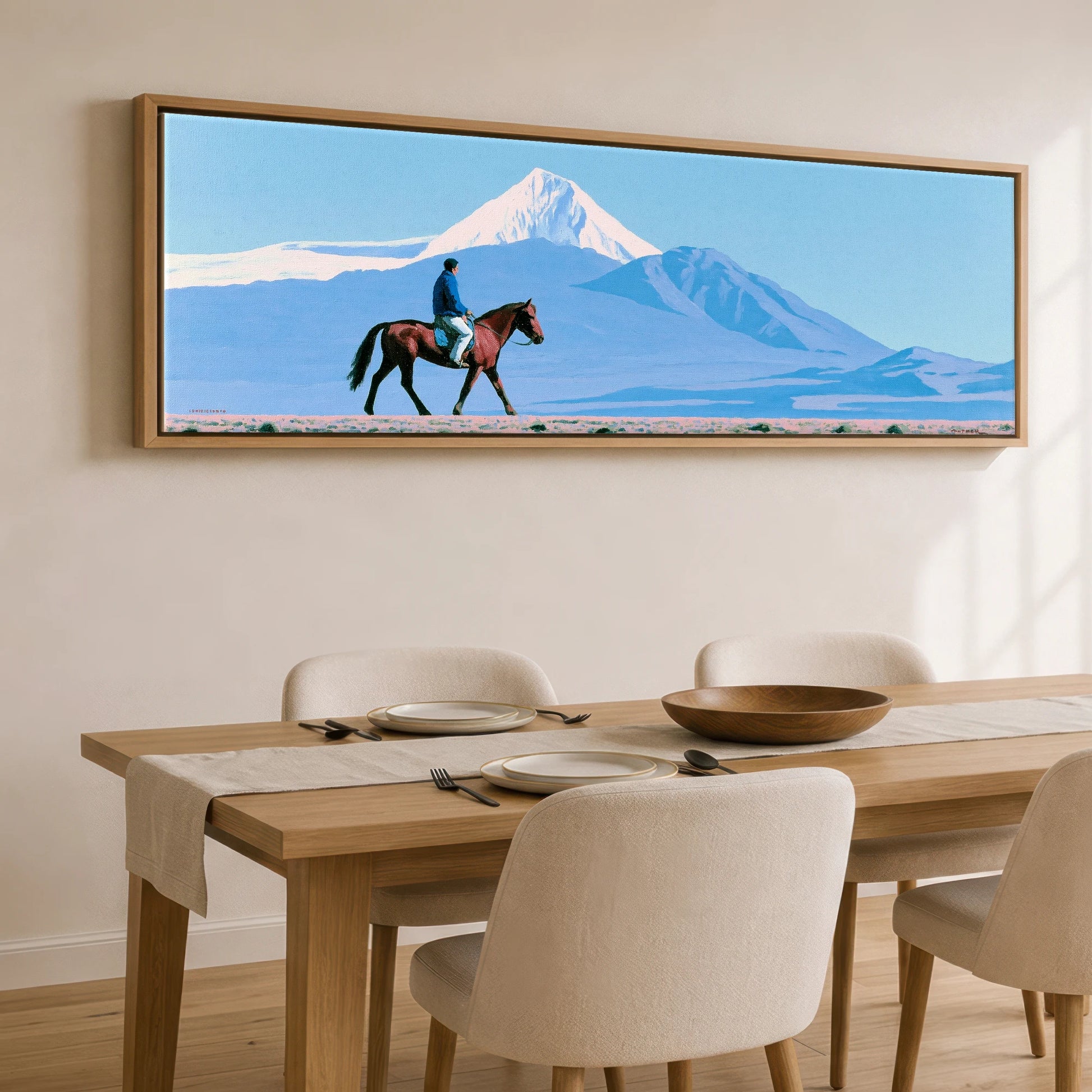 Beneath Vast Peaks Horse Landscape panoramic canvas wall art displayed above a dining table