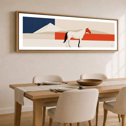 Bold Equine Horizon Horse Landscape panoramic canvas wall art displayed above a dining table