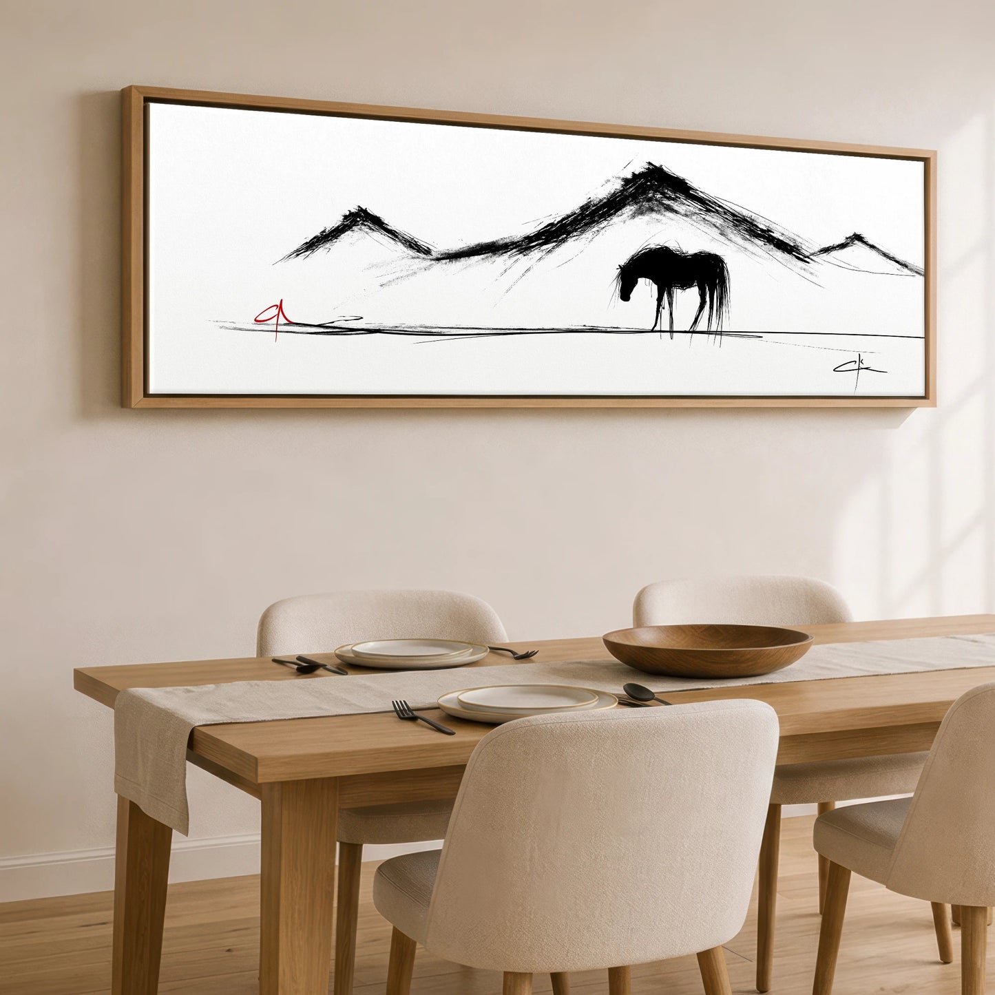 Silent Peaks Grazing Horse Landscape panoramic canvas wall art displayed above a dining table