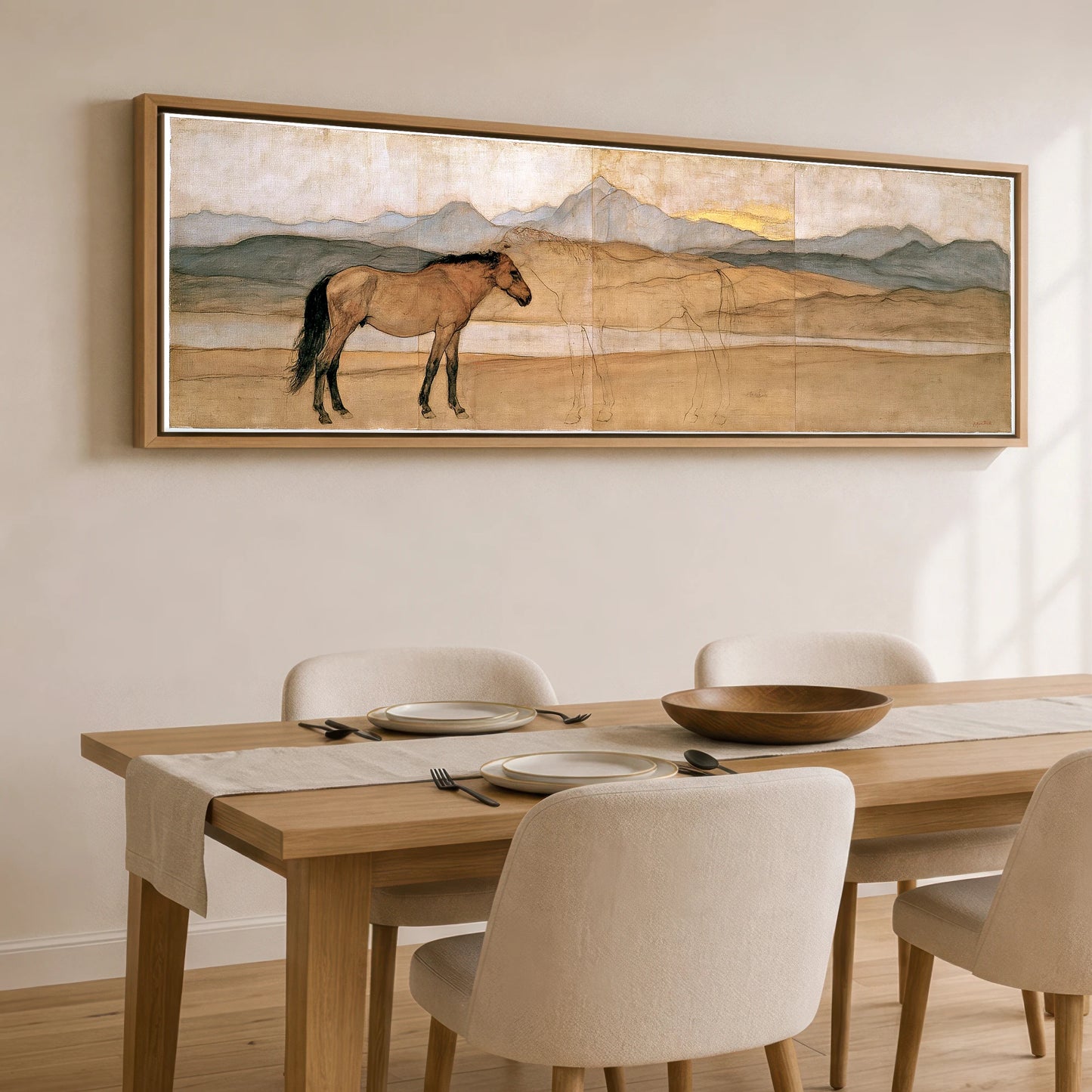 Whispers of the Herd Horse Landscape panoramic canvas wall art displayed above a dining table
