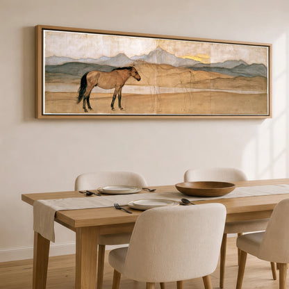 Whispers of the Herd Horse Landscape panoramic canvas wall art displayed above a dining table
