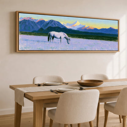 Lavender Mountain Pasture Horse Landscape panoramic canvas wall art displayed above a dining table
