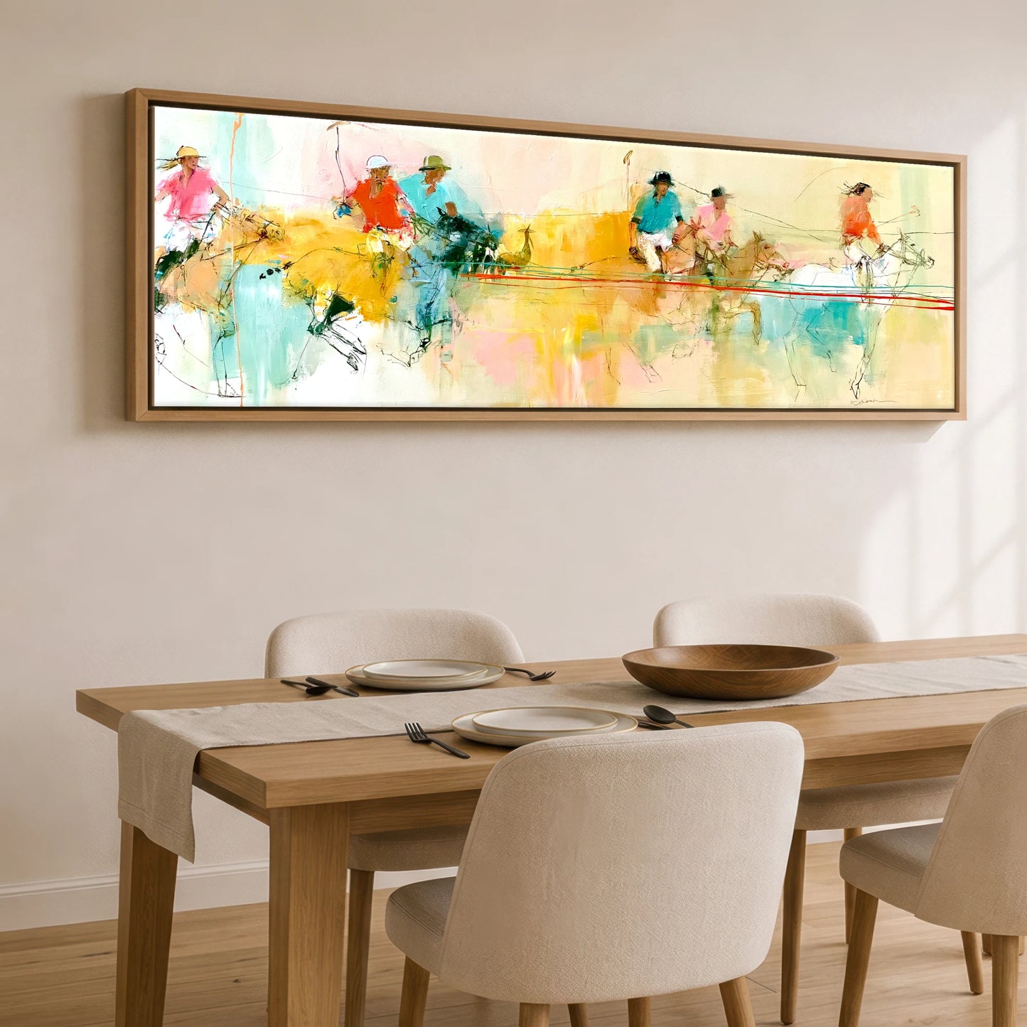 The Final Chukka Polo Horse panoramic canvas wall art displayed above a dining table