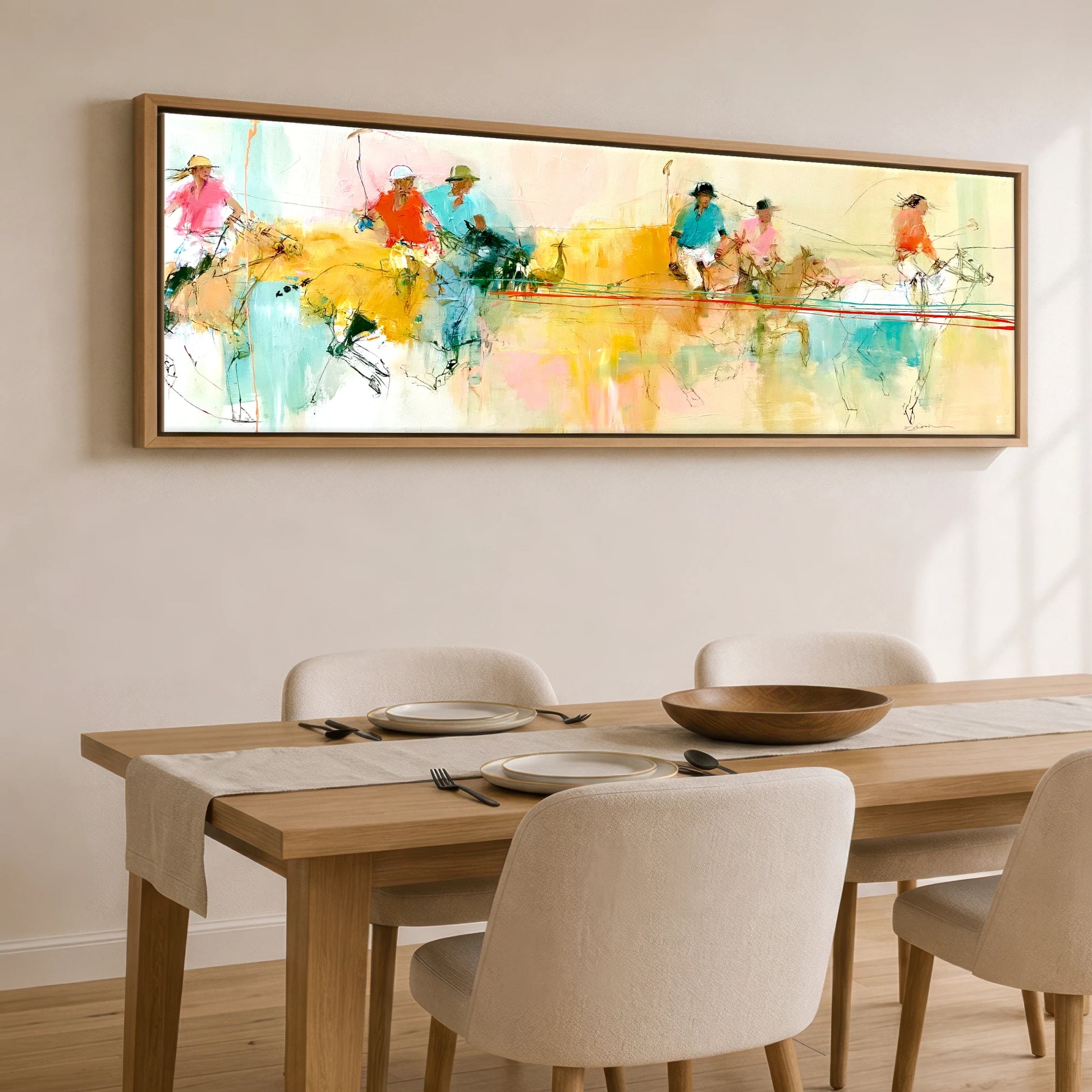 The Final Chukka Polo Horse panoramic canvas wall art displayed above a dining table