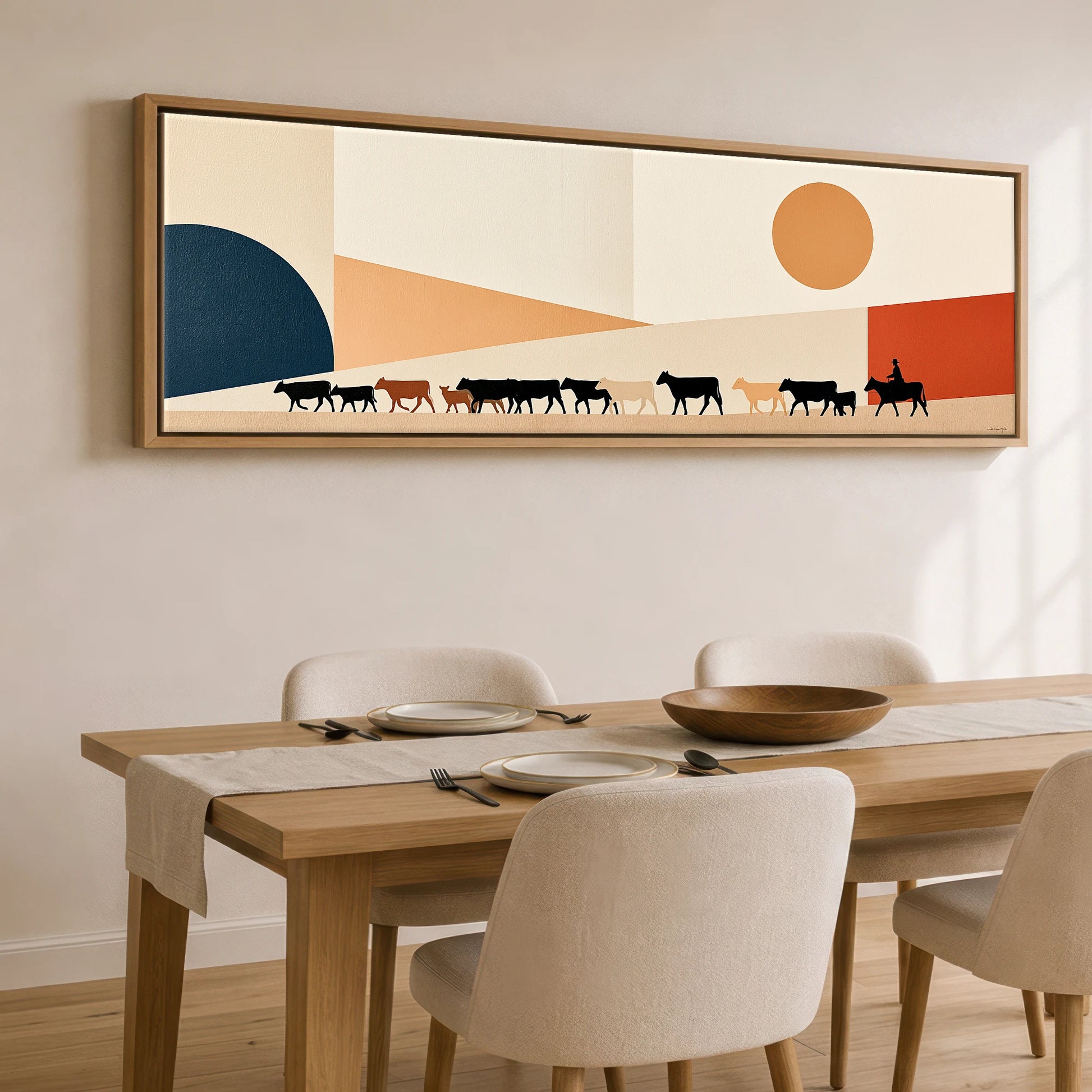 Mid-Century Cattle Drive Western Horse panoramic canvas wall art displayed above a dining table
