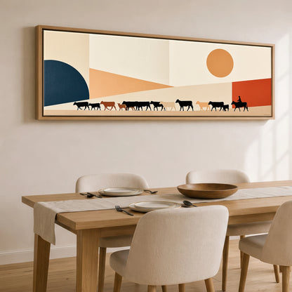 Mid-Century Cattle Drive Western Horse panoramic canvas wall art displayed above a dining table