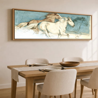 Teal Wash Gallop Study Horse Landscape panoramic canvas wall art displayed above a dining table