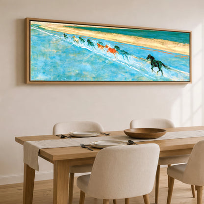 Azure Surf Gallop Beach Horse panoramic canvas wall art displayed above a dining table