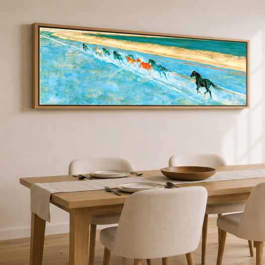 Azure Surf Gallop Beach Horse panoramic canvas wall art displayed above a dining table