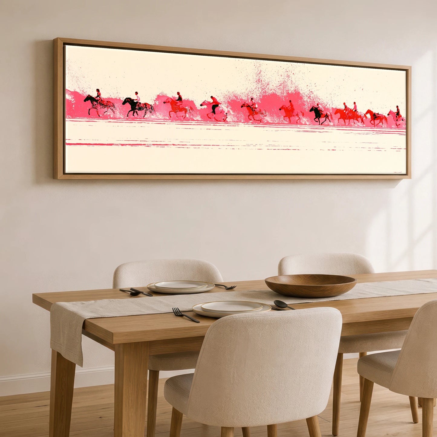 Magenta Surf Gallop Beach Horse panoramic canvas wall art displayed above a dining table