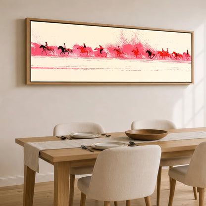 Magenta Surf Gallop Beach Horse panoramic canvas wall art displayed above a dining table