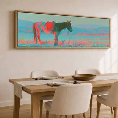 Electric Equine Horizon Horse Landscape panoramic canvas wall art displayed above a dining table