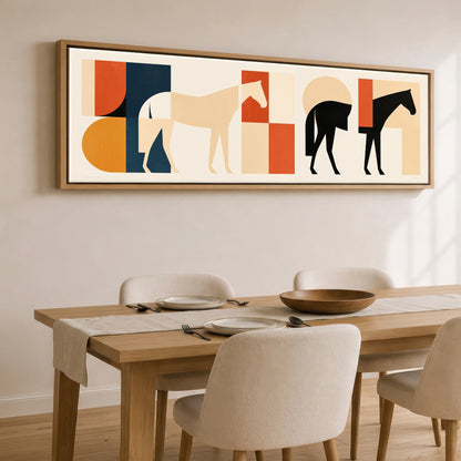 Abstract Equine Geometry Horse Landscape panoramic canvas wall art displayed above a dining table