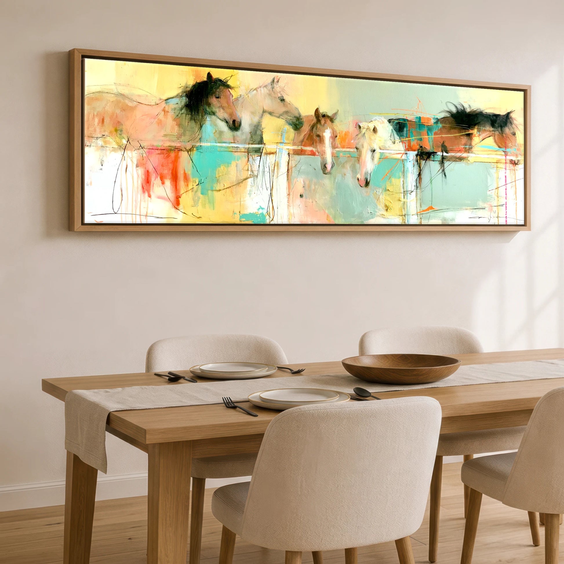 Over the Rail Horse Stable panoramic canvas wall art displayed above a dining table