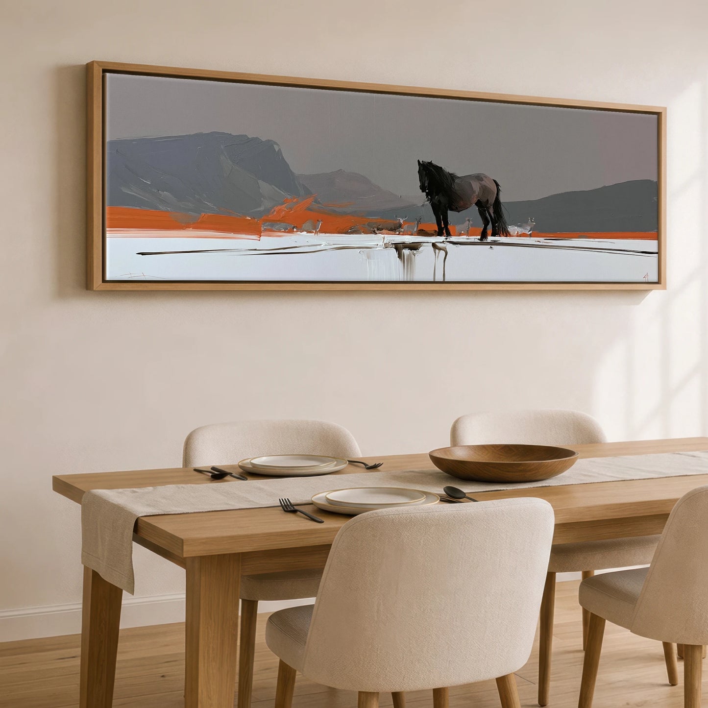 The Vivid Expanse Horse Landscape panoramic canvas wall art displayed above a dining table