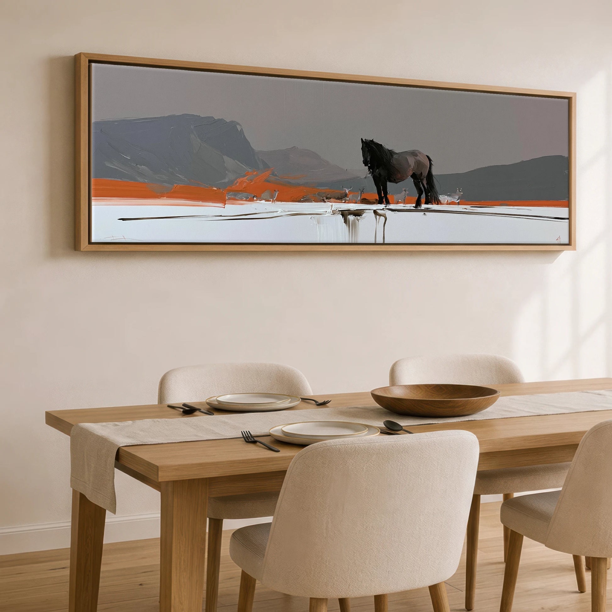 The Vivid Expanse Horse Landscape panoramic canvas wall art displayed above a dining table