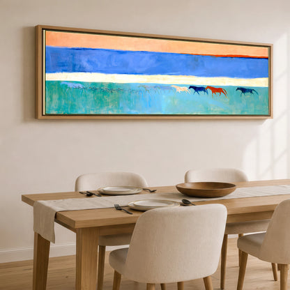 Across the Painted Tide Horse Landscape panoramic canvas wall art displayed above a dining table