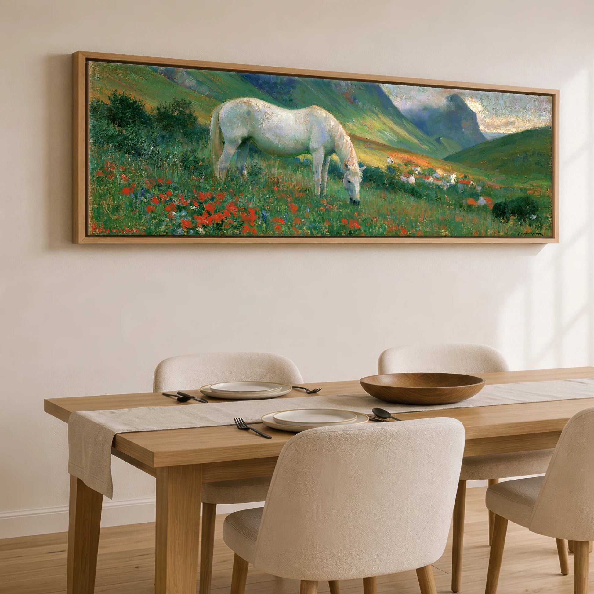 Summer Valley Grazing Horse Landscape panoramic canvas wall art displayed above a dining table