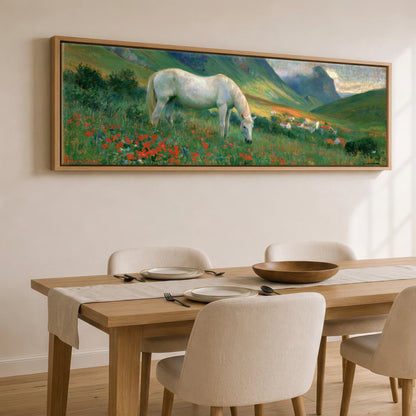 Summer Valley Grazing Horse Landscape panoramic canvas wall art displayed above a dining table