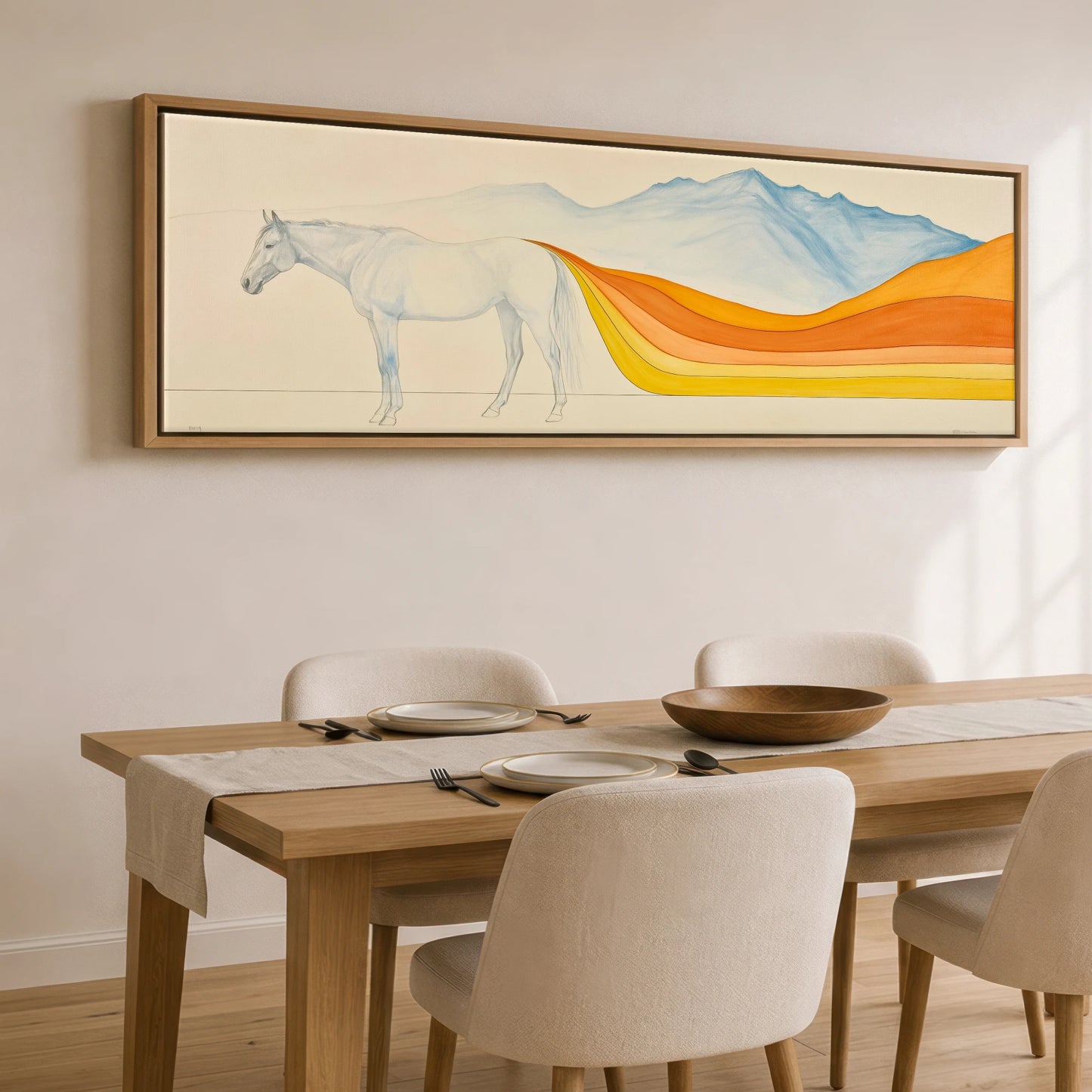 The Flowing Horizon Horse Landscape panoramic canvas wall art displayed above a dining table