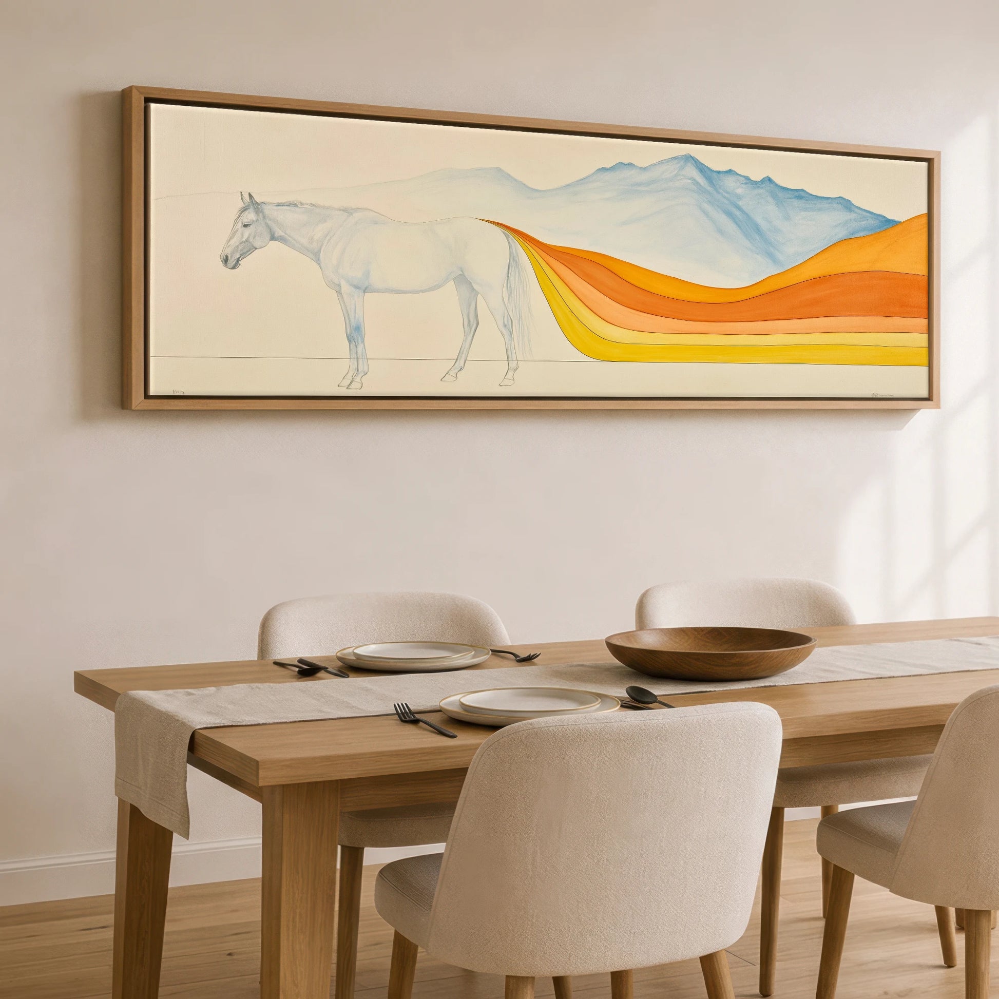 The Flowing Horizon Horse Landscape panoramic canvas wall art displayed above a dining table